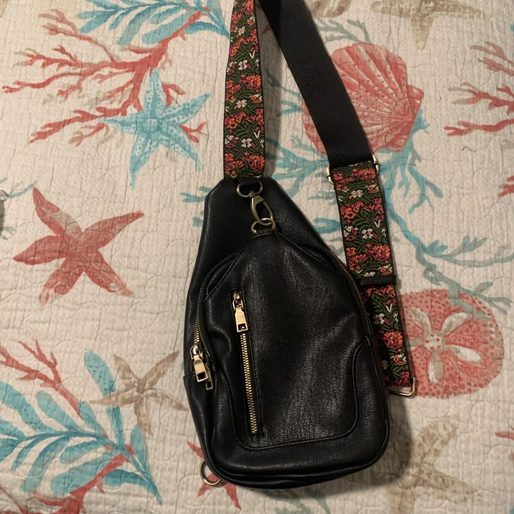 Antik Kraft Tasha Sling Black Crossbody Leather Bag with Floral Strap